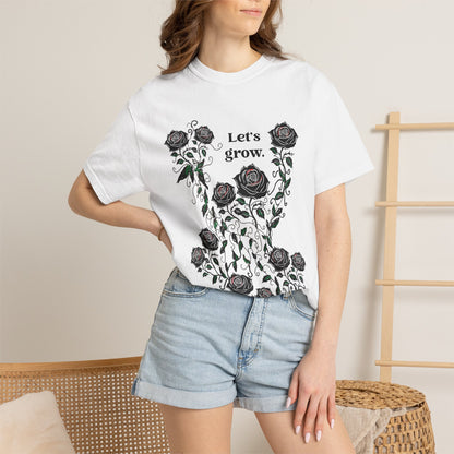 White cotton graphic t-shirt with black roses and “Let’s grow.” lettering