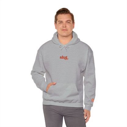 Light gray hoodie with embroidered “slut” logo, drawstring hood, soft cotton blend
