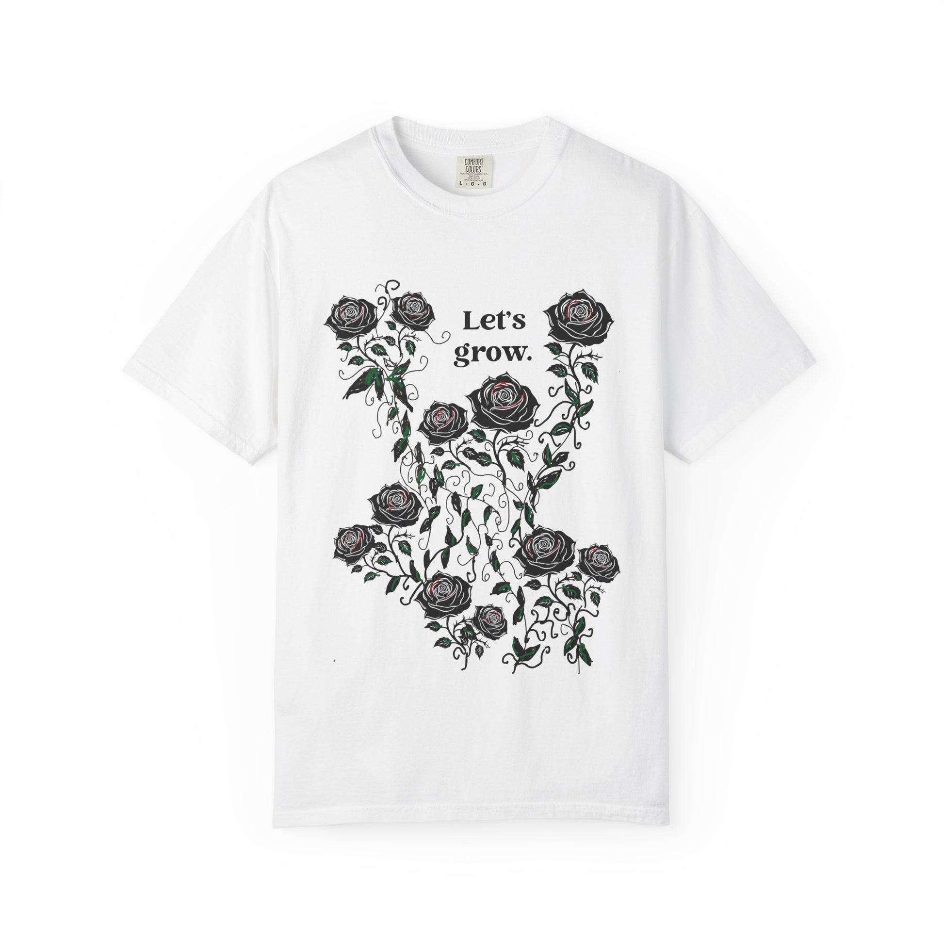 White cotton graphic T-shirt with black rose wreath and “Let’s grow” slogan