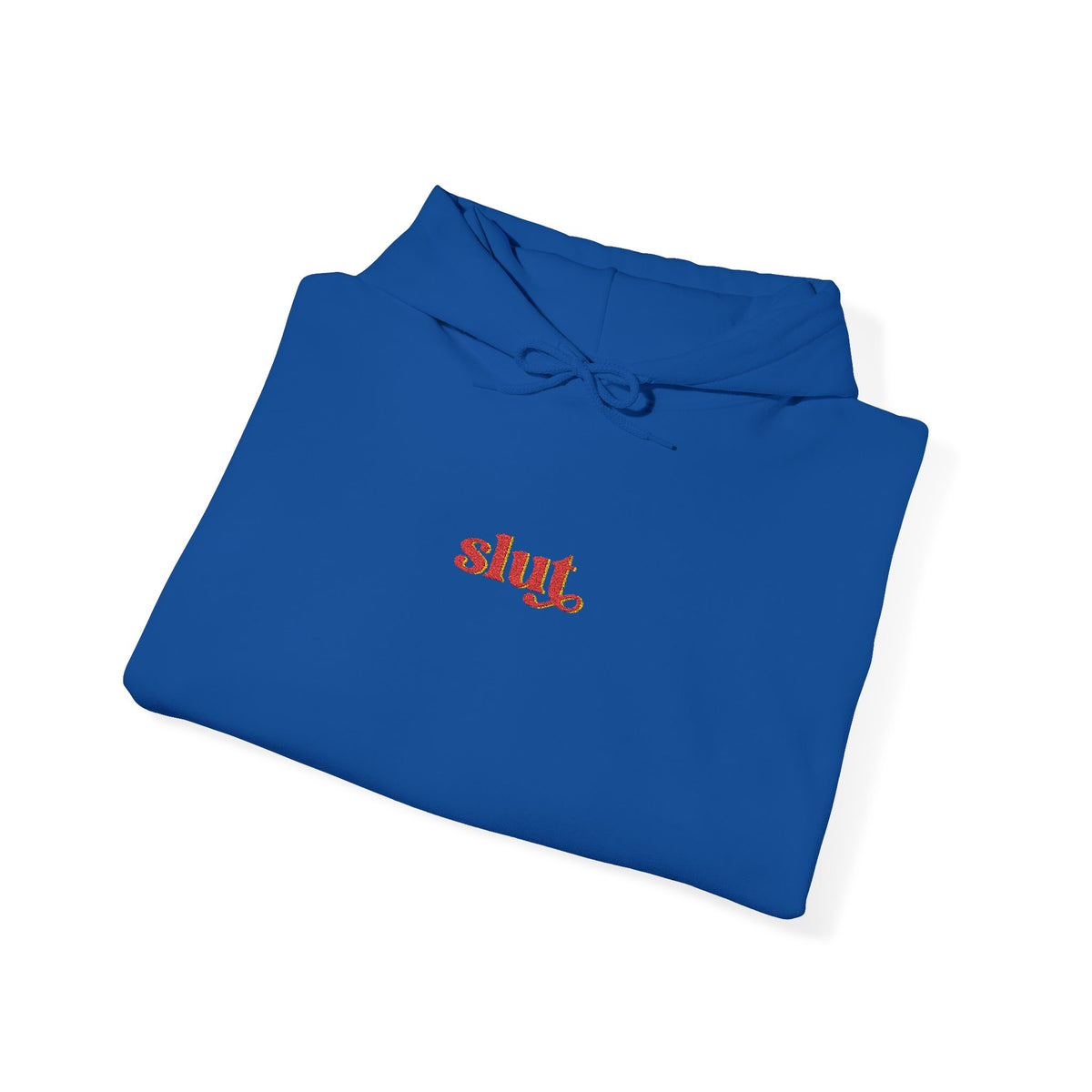 Royal blue hoodie laid flat, showing hood and small “Slut” chest script logo