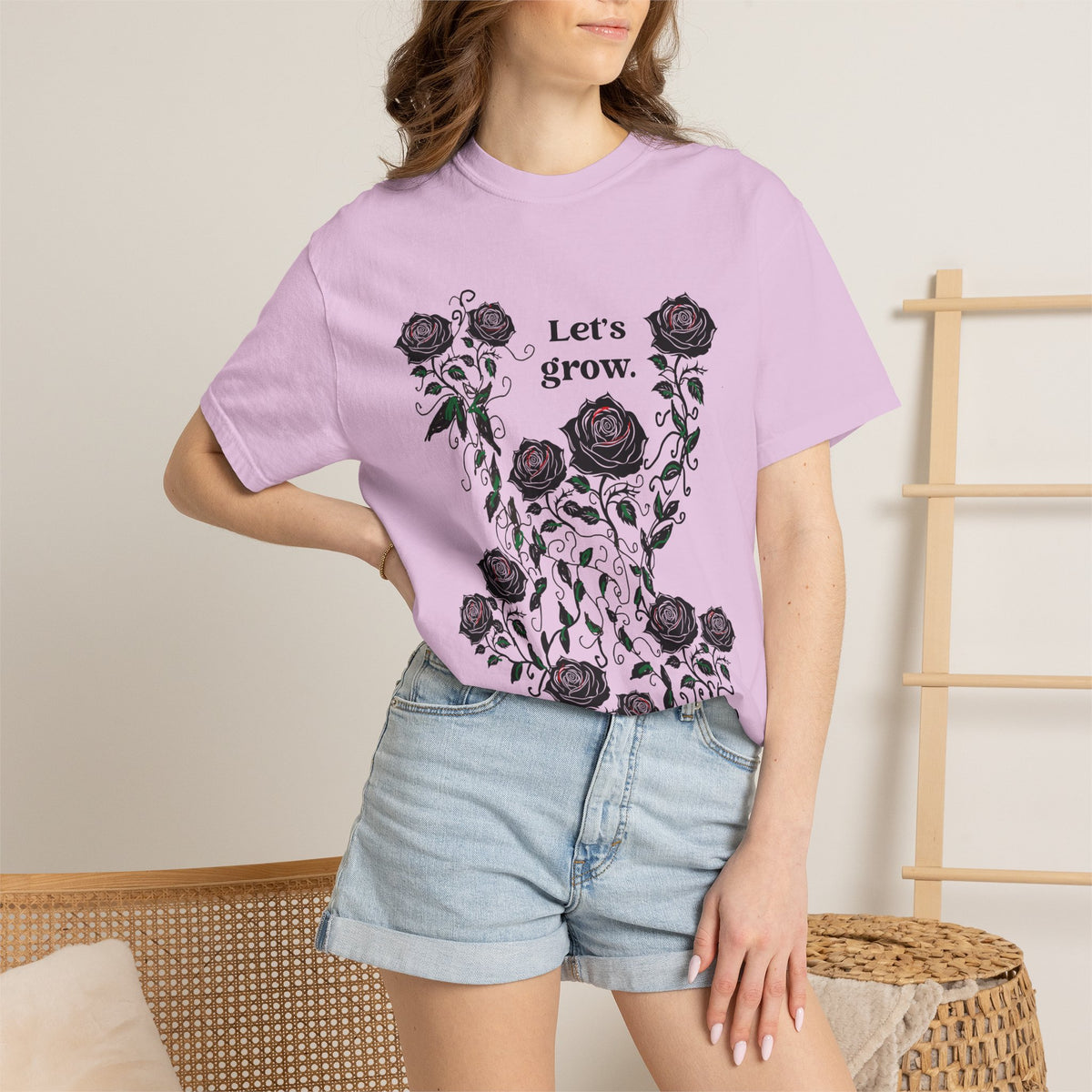 Lavender graphic t-shirt in cotton blend, floral roses “Let’s grow” slogan print