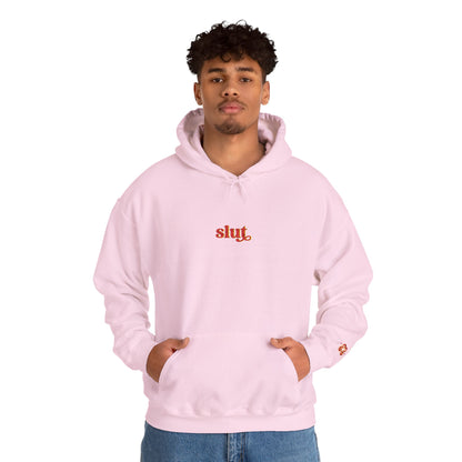 Light pink hoodie with red script logo on chest, front pouch pocket, and hood