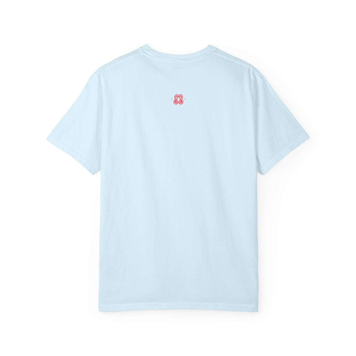 Light blue t-shirt with small red embroidered logo on chest, cotton blend