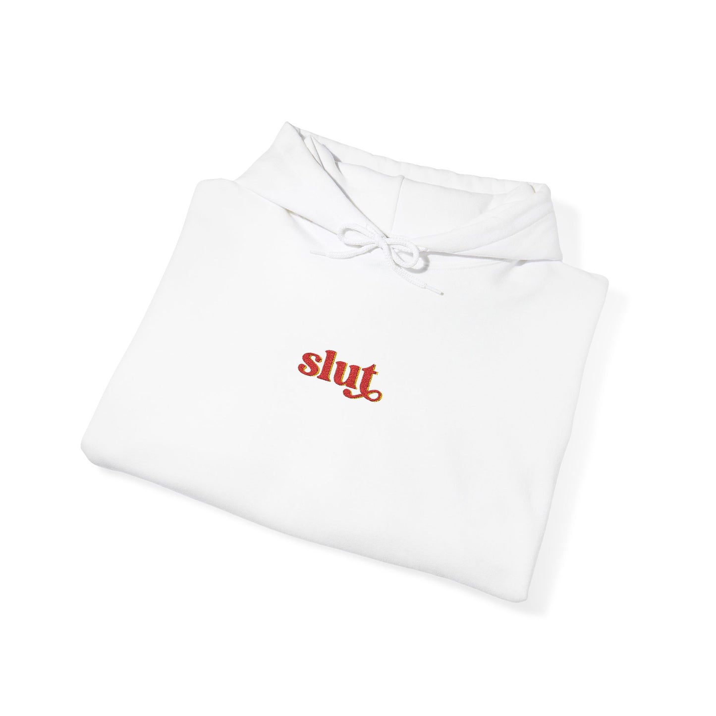 White hoodie sweatshirt with front pouch pocket and drawstring, embroidered Slut 86 graphic