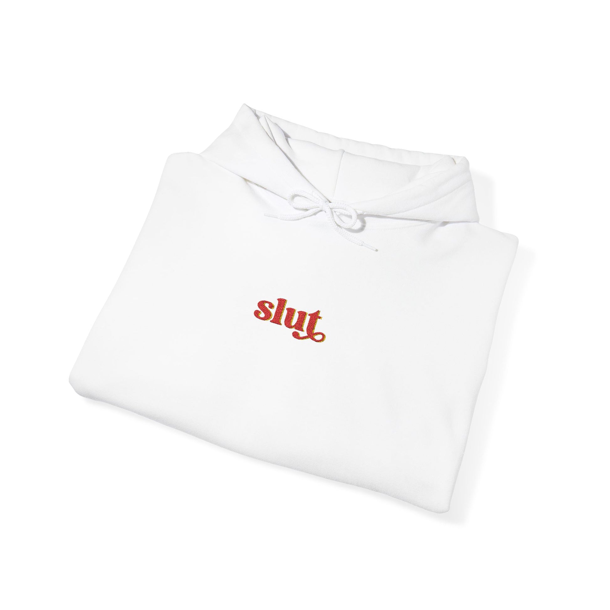 White hoodie sweatshirt with front pouch pocket and drawstring, embroidered Slut 86 graphic