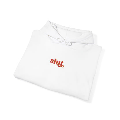 White hoodie sweatshirt with front pouch pocket and drawstring, embroidered Slut 86 graphic