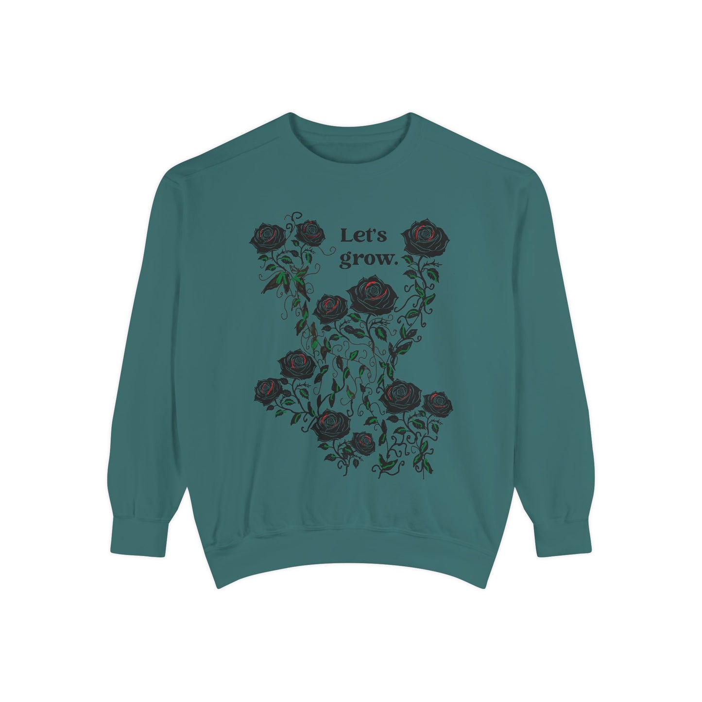 Teal sweatshirt with floral “Let’s grow” graphic print, cozy cotton-blend fabric