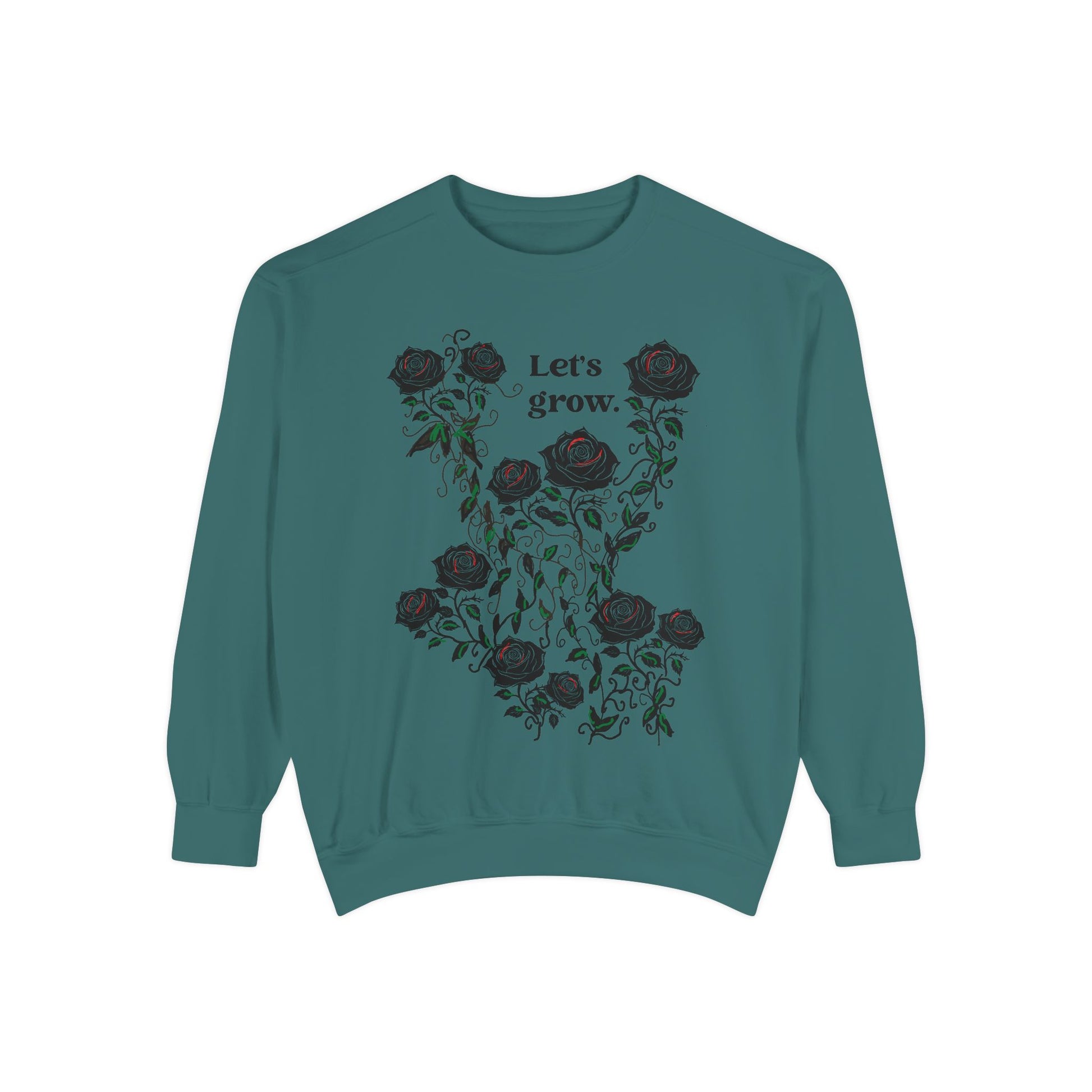 Teal sweatshirt with floral “Let’s grow” graphic print, cozy cotton-blend fabric