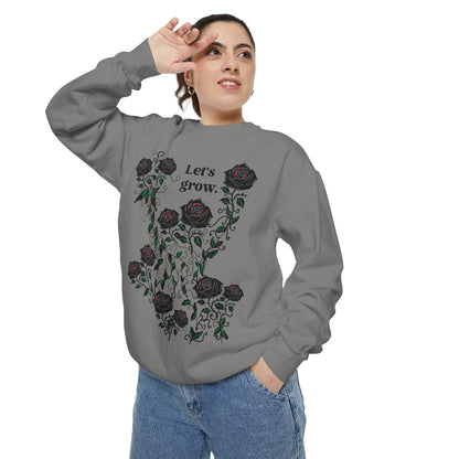 Grey rose graphic sweatshirt, cozy cotton blend with “Let’s grow” slogan