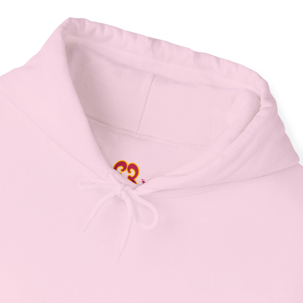 Light pink hoodie hood close-up with white drawstrings and small multicolor logo