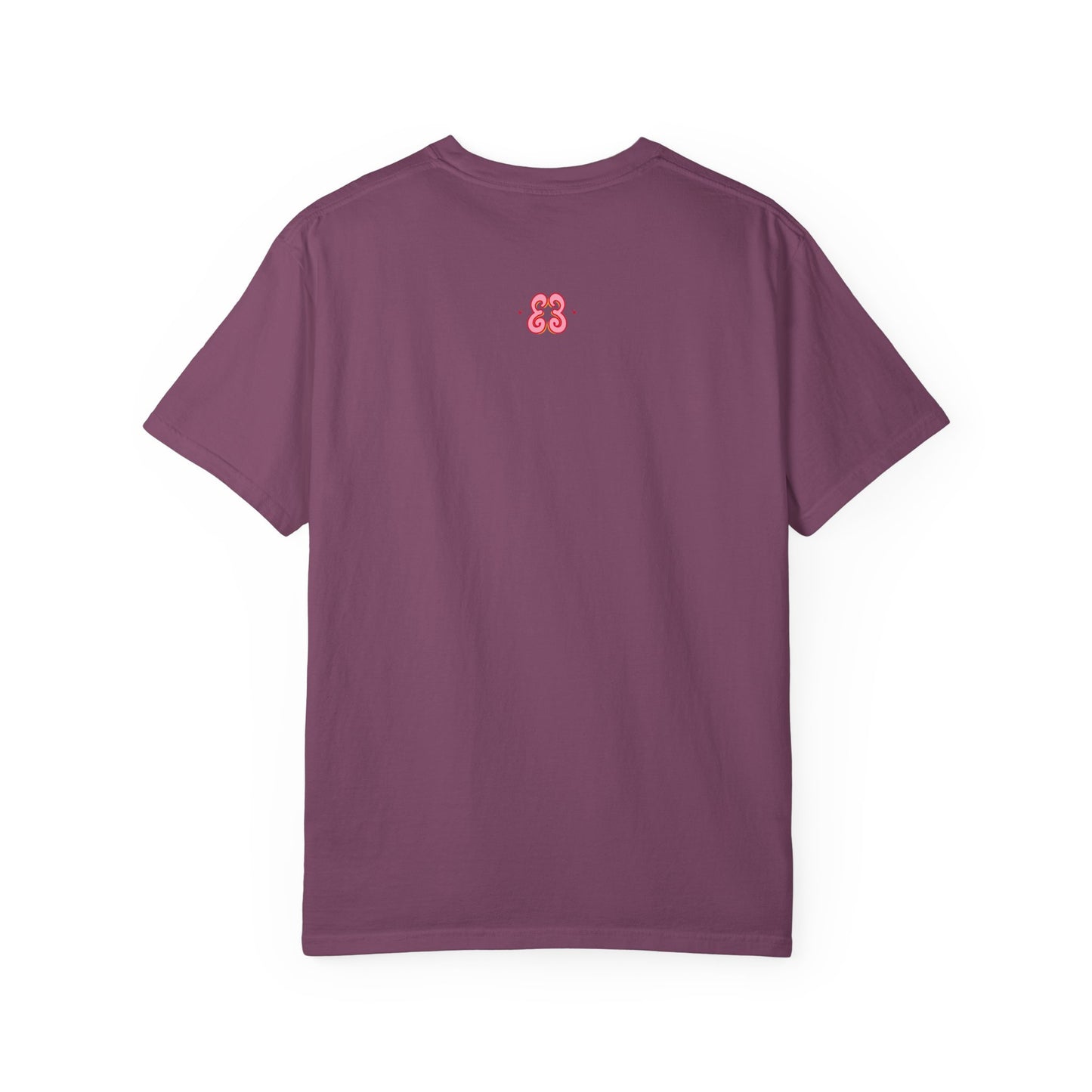 Burgundy graphic T-shirt with embroidered swirl logo, soft cotton blend short sleeves