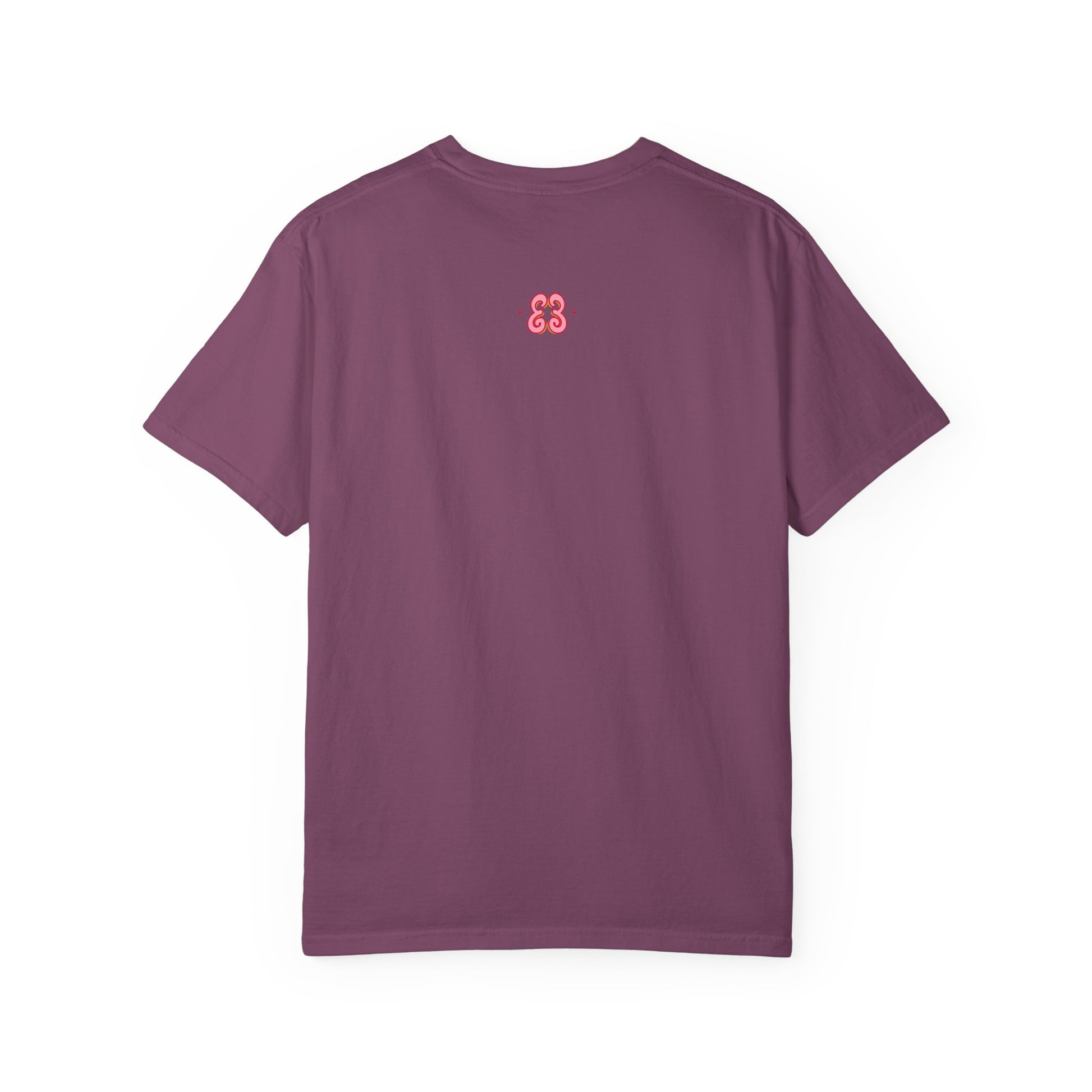 Burgundy graphic T-shirt with embroidered swirl logo, soft cotton blend short sleeves
