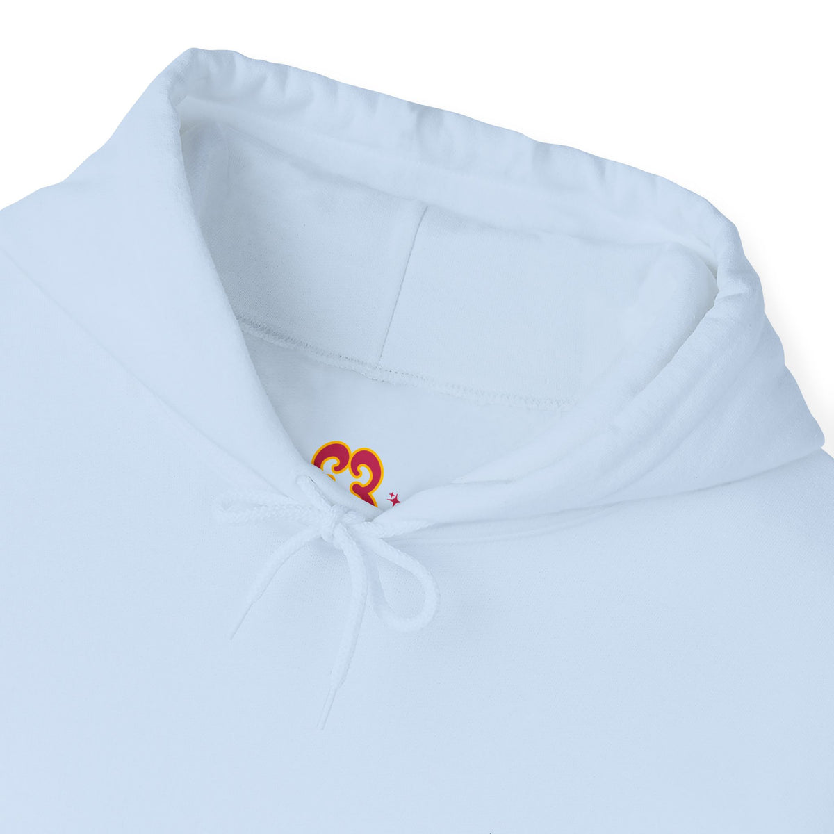 Light blue hoodie hood close-up with “Slut” butterfly logo on neckline