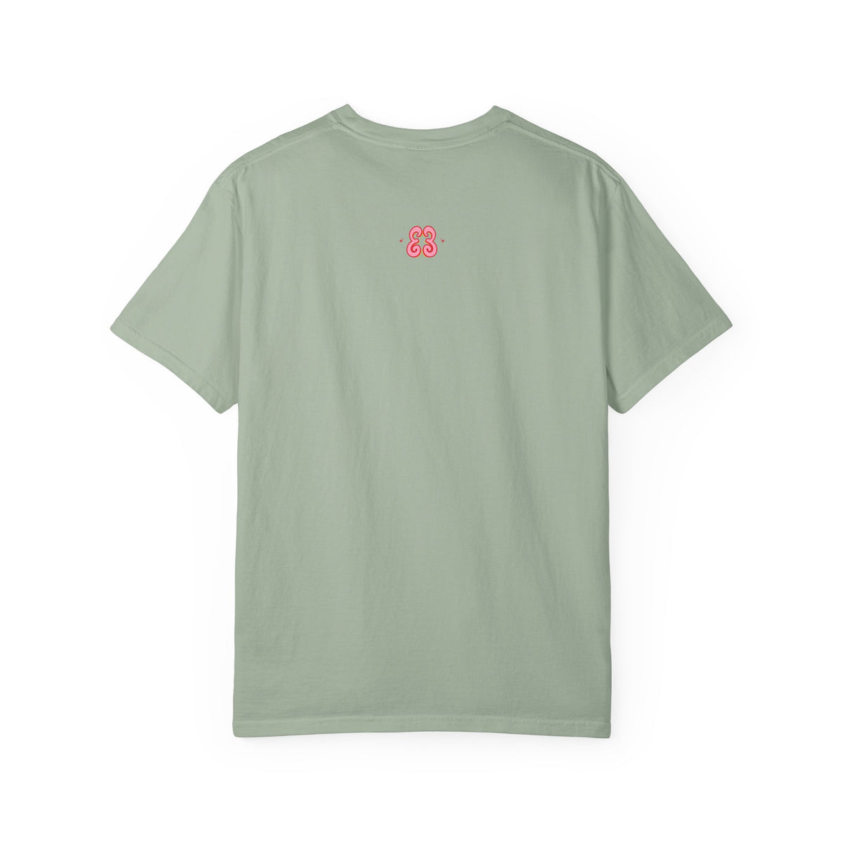Sage green t-shirt in soft cotton with small pink logo embroidery on back