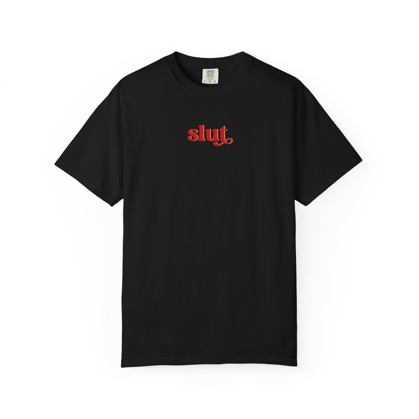 Graphic T-Shirt — Red "slut." Chest Print, Provocative Slogan Comfort Colors Tee