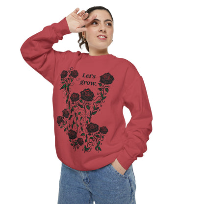 Burgundy sweatshirt with rose floral graphic and “Let’s grow” text, soft cotton blend