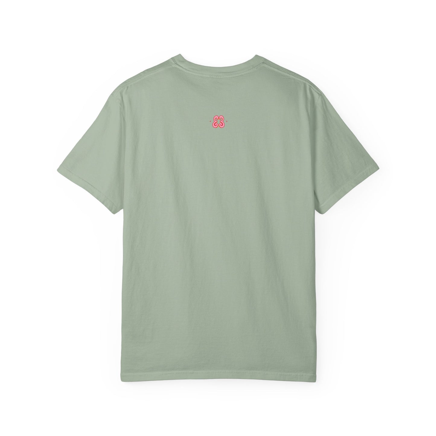 Sage green t-shirt with pink embroidered “E3” logo, soft cotton short sleeve