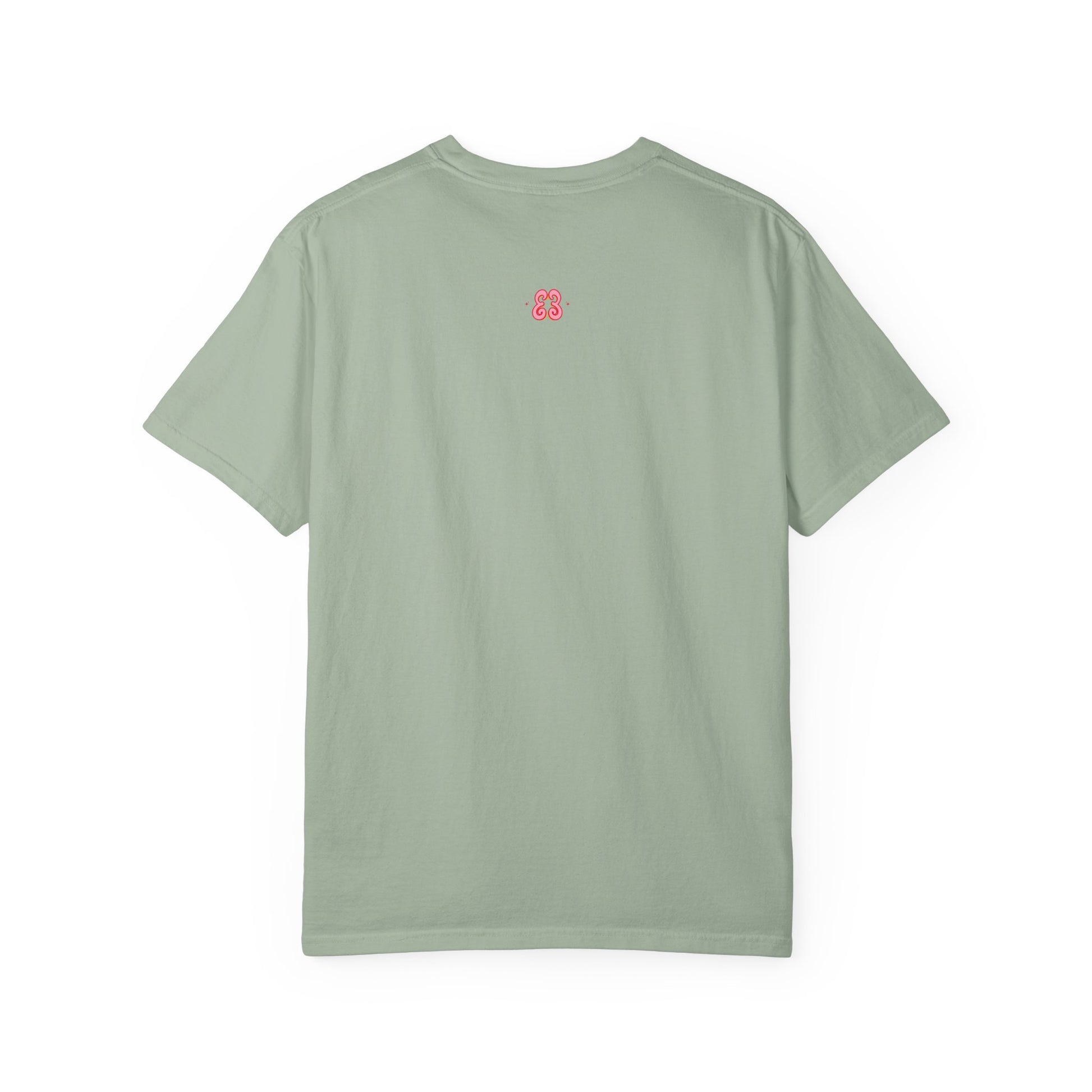 Sage green t-shirt with pink embroidered “E3” logo, soft cotton short sleeve