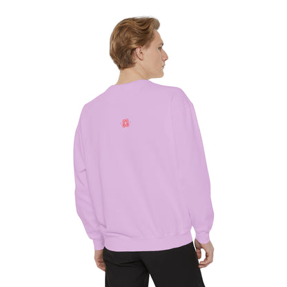 Lavender crewneck sweatshirt with small red logo on back, soft cotton-poly fabric