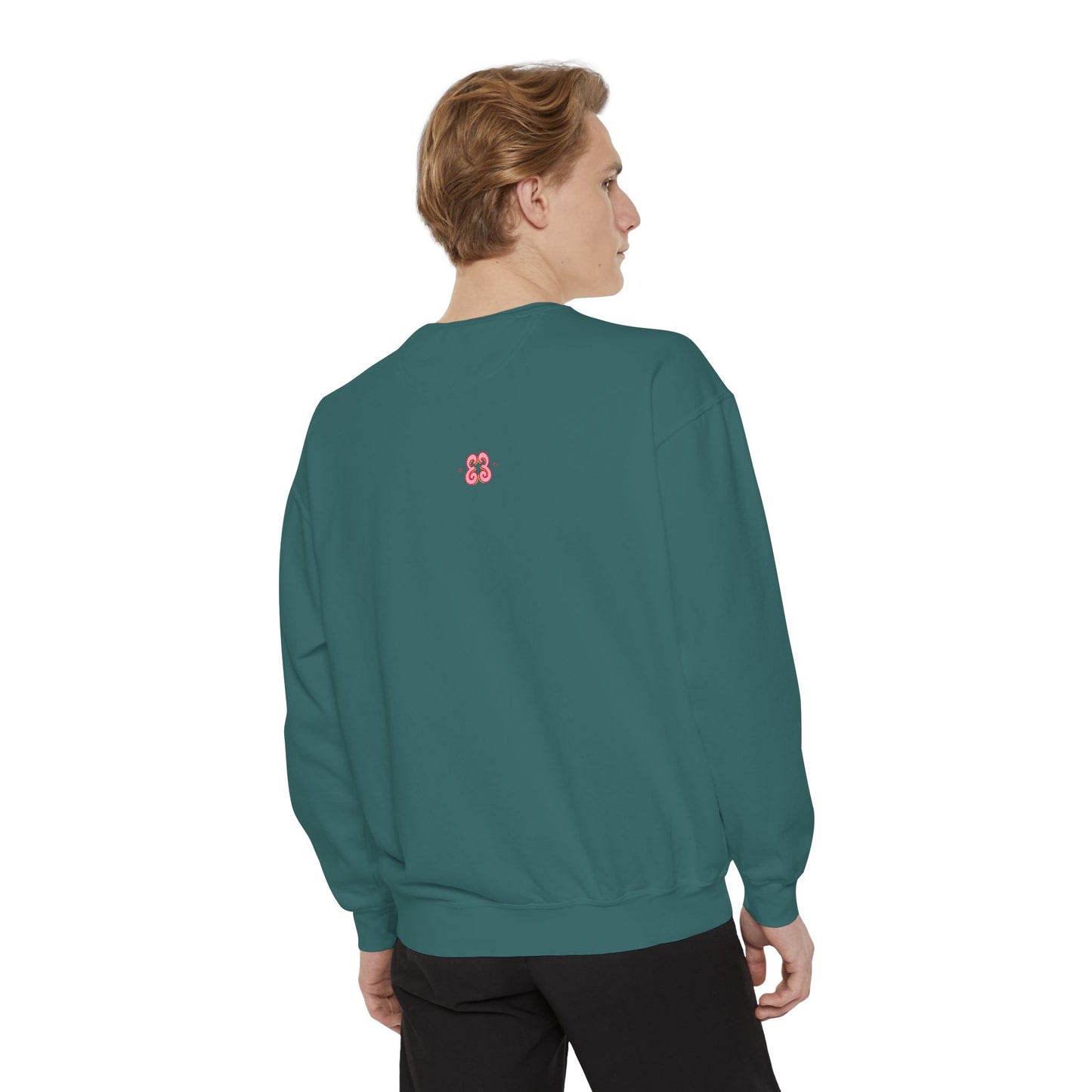 Teal unisex sweatshirt with pink embroidered logo on the back, soft cotton-blend fleece
