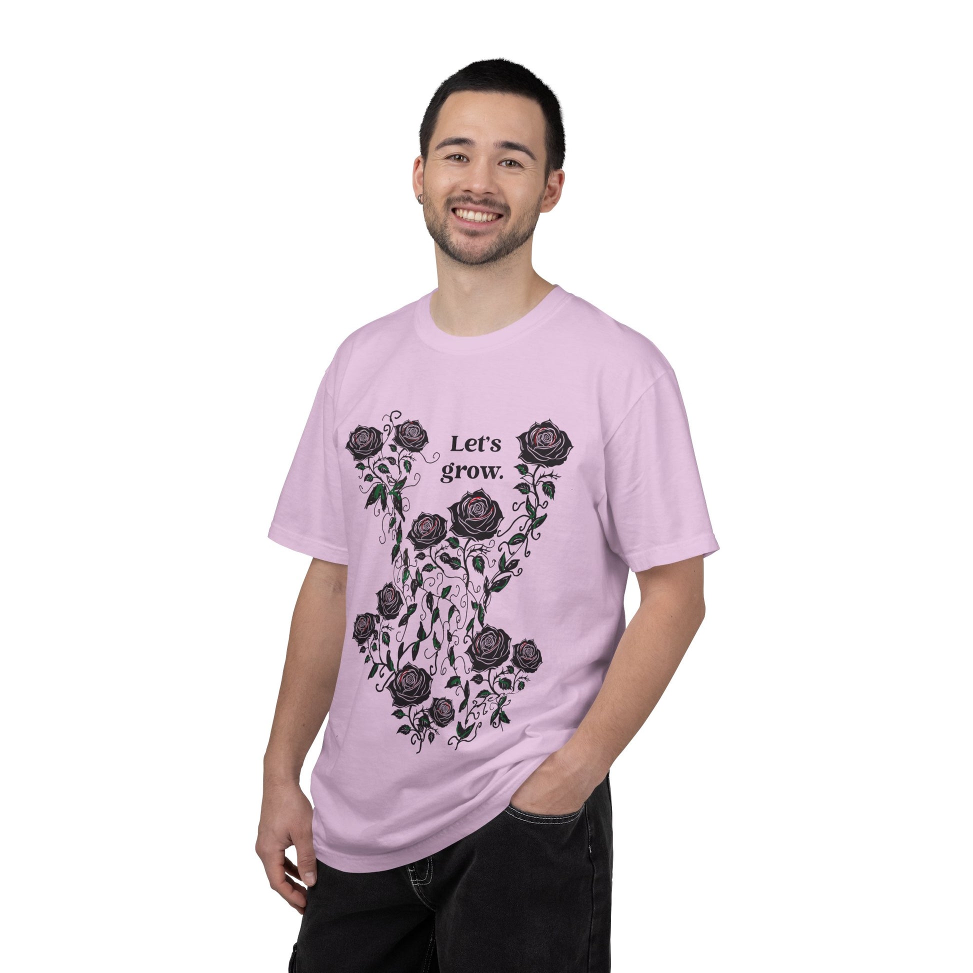 Men’s lavender graphic t-shirt in cotton with rose wreath and “Let’s grow” print