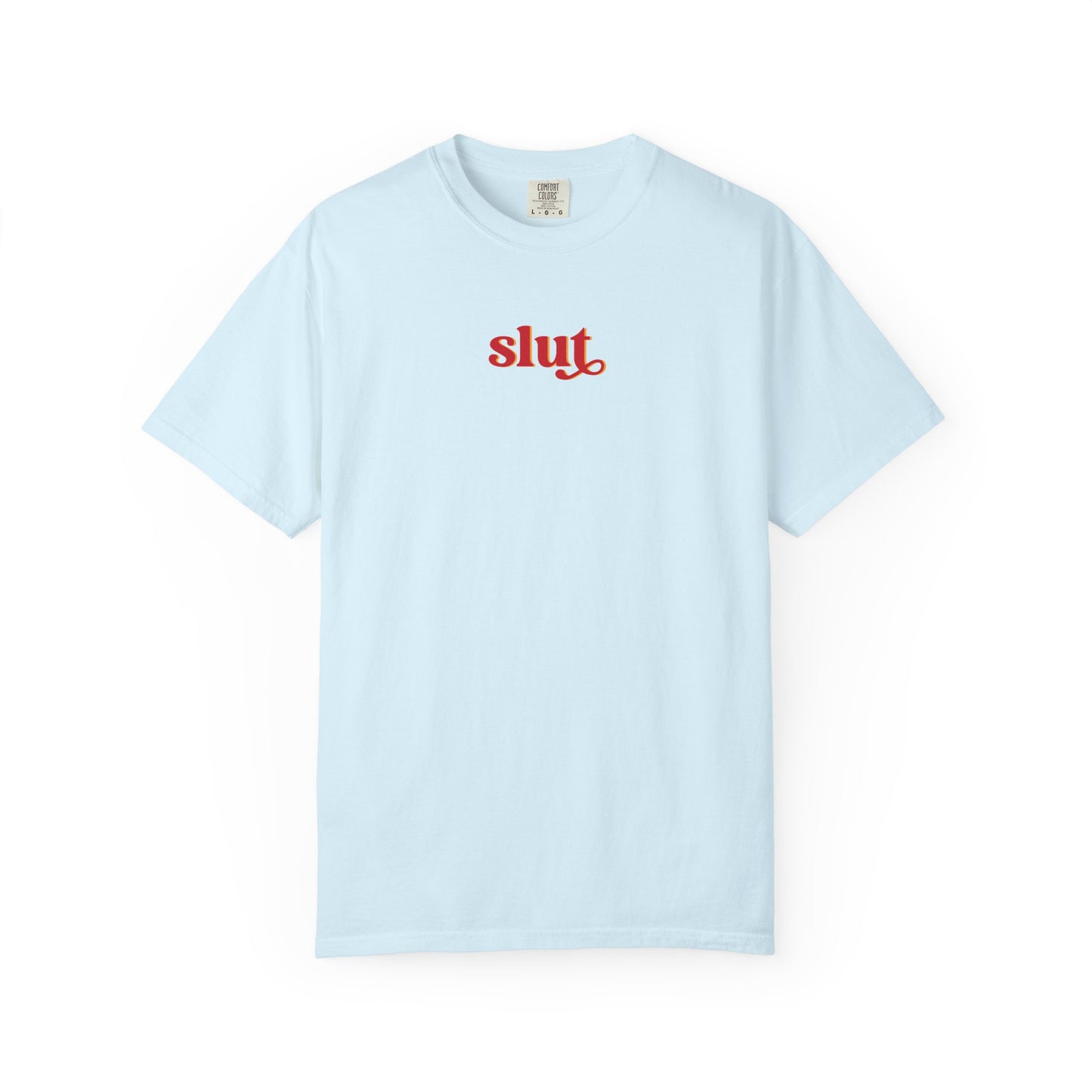 Graphic T-Shirt — Red "slut." Chest Print, Provocative Slogan Comfort Colors Tee