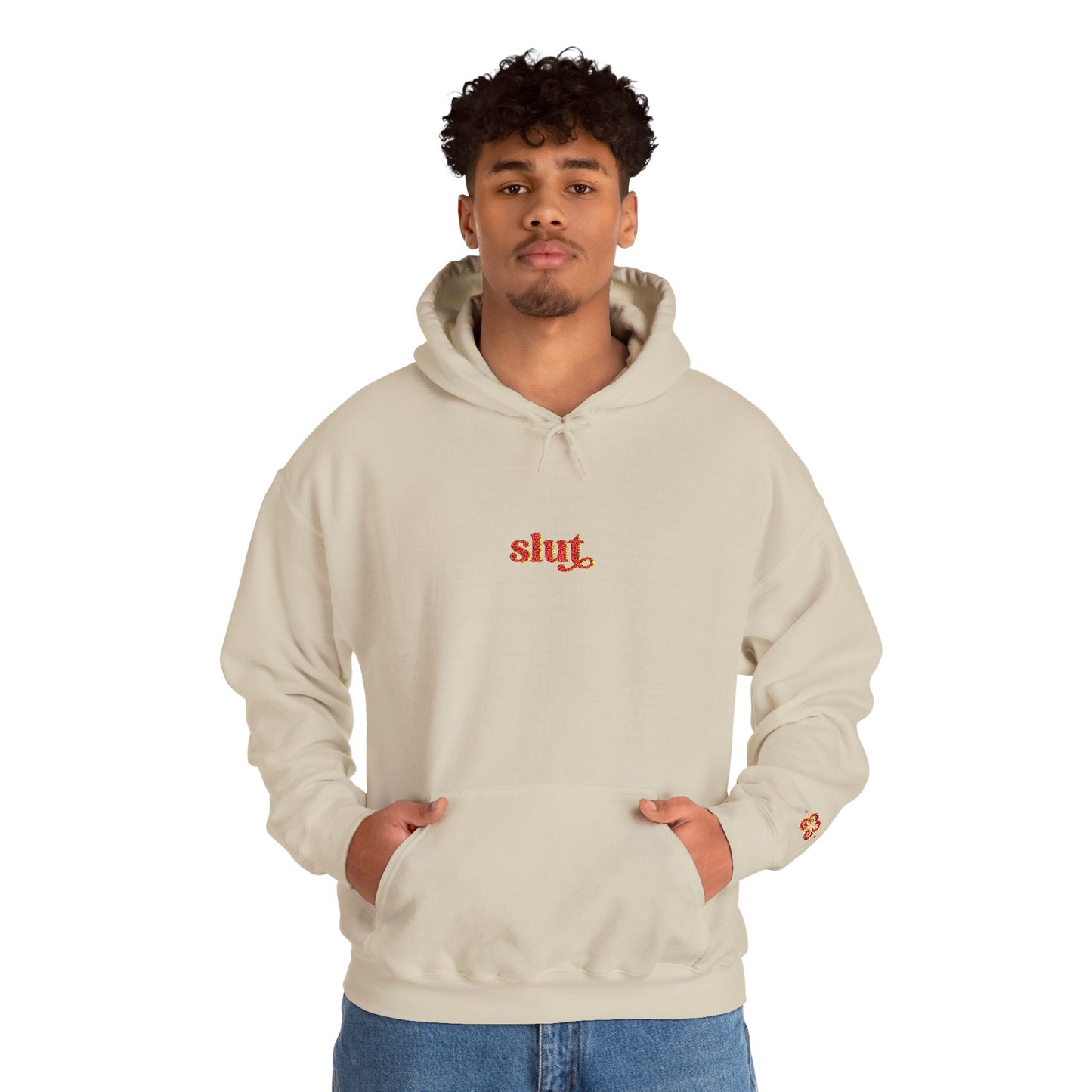 Beige hoodie sweatshirt with red Slut logo embroidery, soft cotton-blend fabric