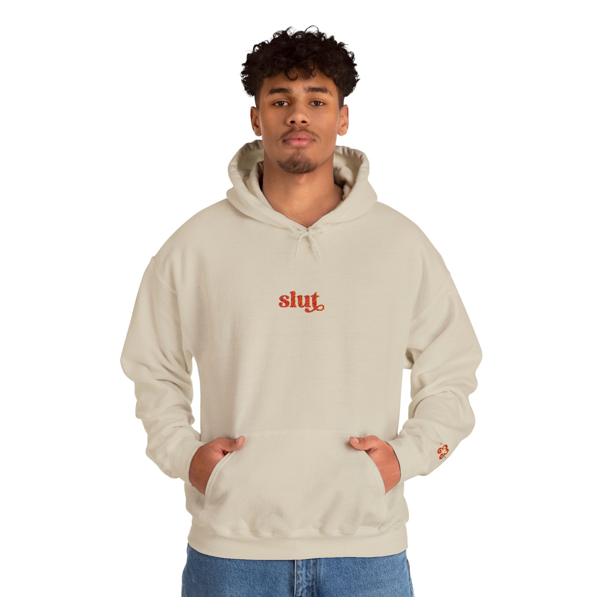 Beige hoodie sweatshirt with red Slut logo embroidery, soft cotton-blend fabric