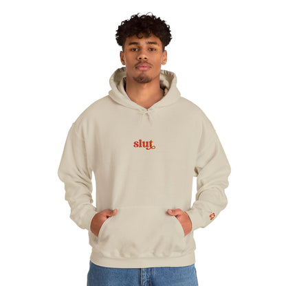Beige hoodie sweatshirt with red Slut logo embroidery, soft cotton-blend fabric