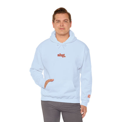 Light blue hoodie with “Slut” chest logo and small left-sleeve butterfly graphic