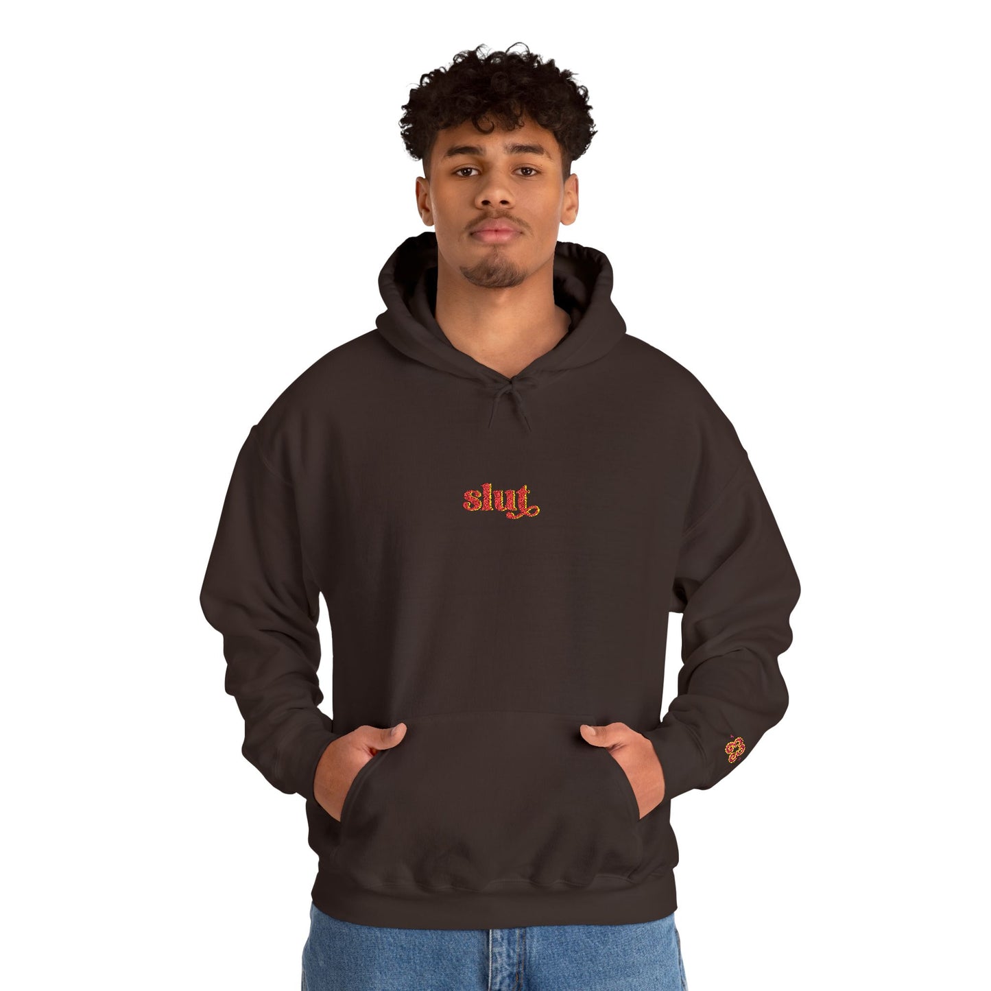Black hoodie sweatshirt with embroidered Slut logo, cotton blend with drawstring hood