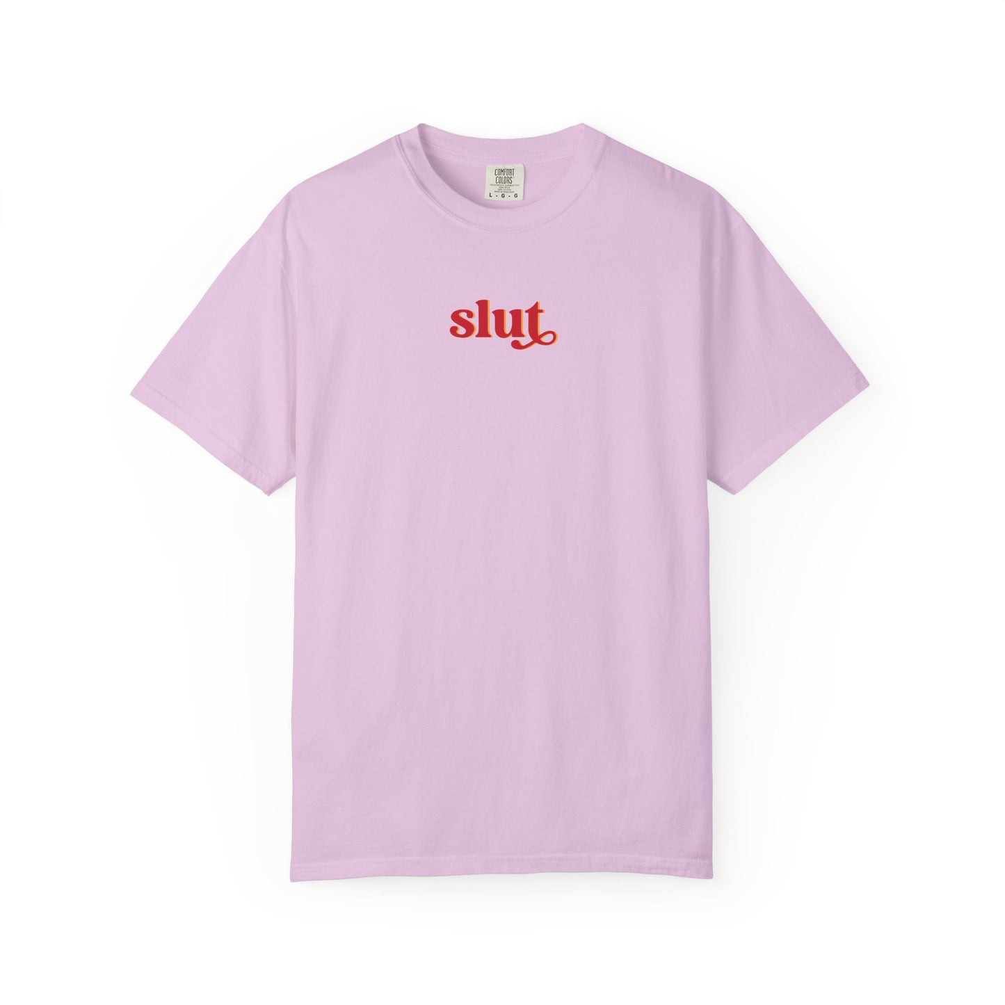 Graphic T-Shirt — Red "slut." Chest Print, Provocative Slogan Comfort Colors Tee