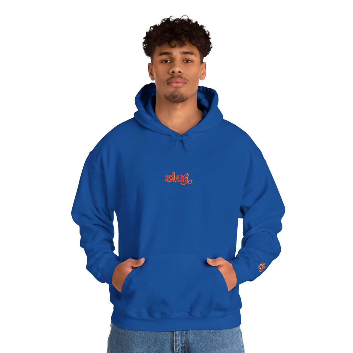 Royal blue hoodie with small chest “Slut” script logo and hood drawstrings