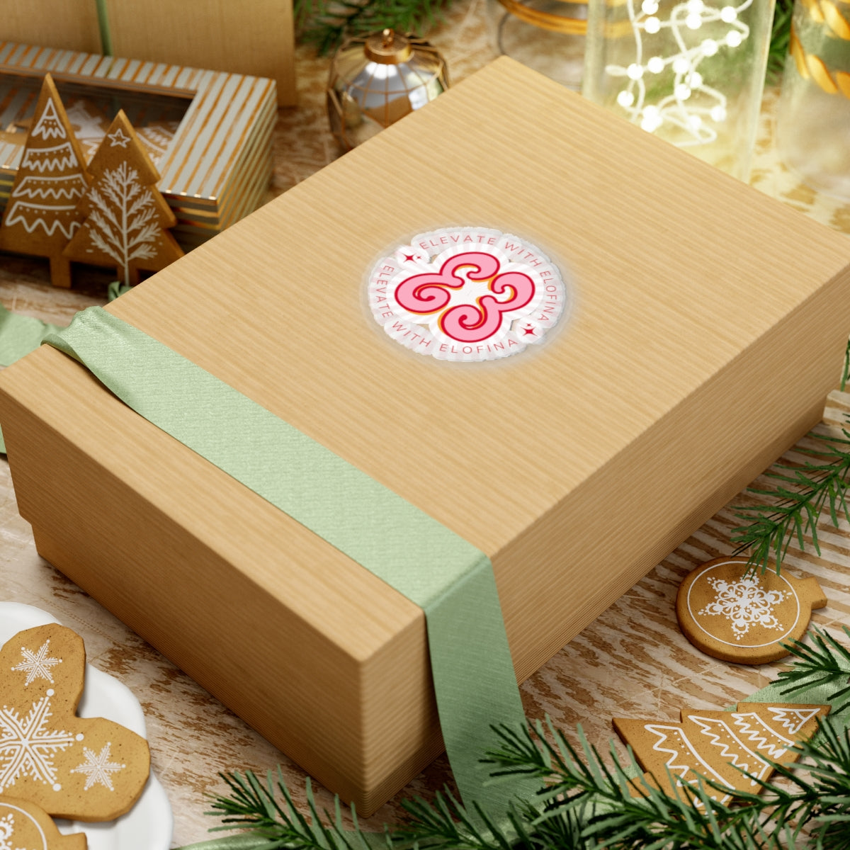 Wooden gift box with green tissue wrap, holiday themed packaging