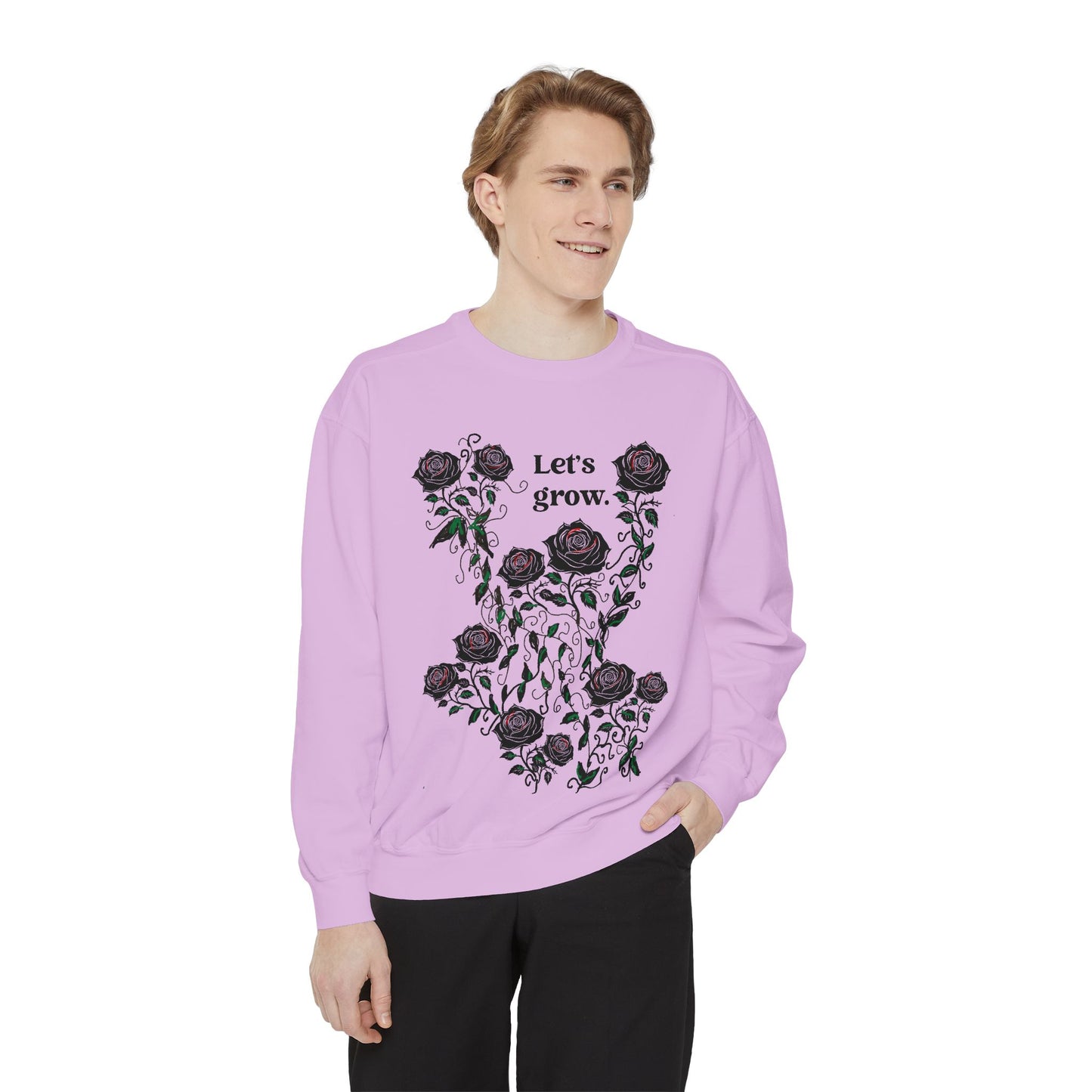 Men’s lavender sweatshirt in cotton blend with “Let’s grow” rose graphic print
