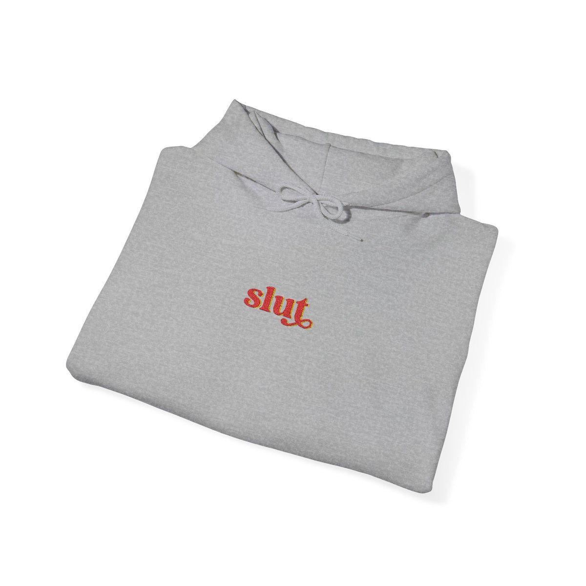 Light gray sweatshirt hoodie with 'Slut' embroidered logo, cotton blend, drawstring hood