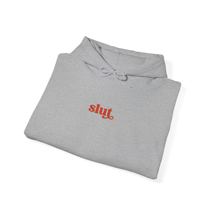 Light gray sweatshirt hoodie with 'Slut' embroidered logo, cotton blend, drawstring hood