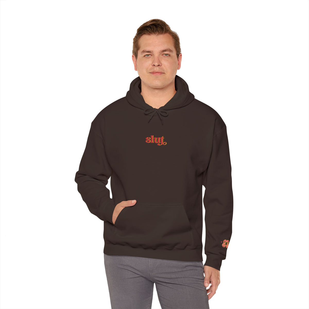 Men's black hoodie sweatshirt with Slutt graphic, drawstring hood, cotton blend fabric