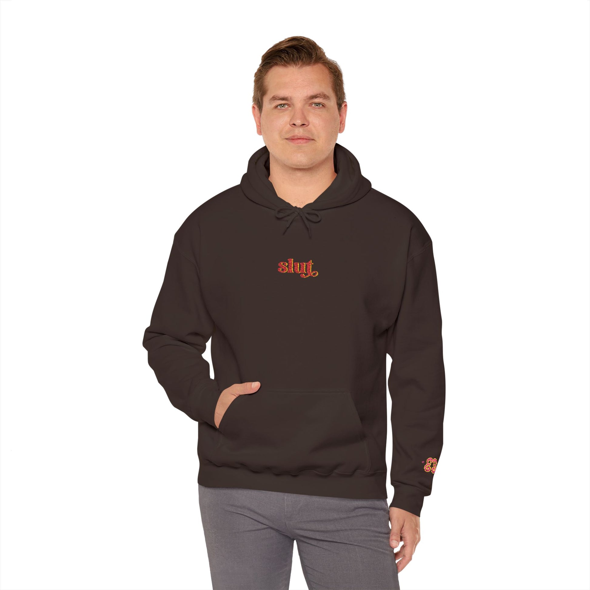 Men's black hoodie sweatshirt with Slutt graphic, drawstring hood, cotton blend fabric
