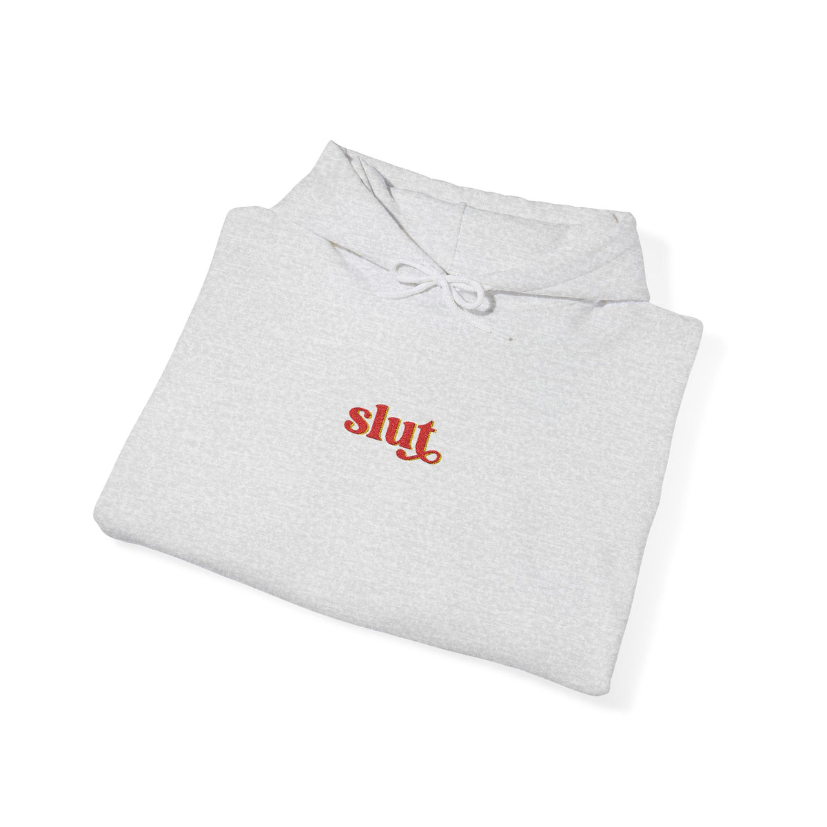 Light gray sweatshirt hoodie with embroidered “Sluit” logo, drawstring hood, soft cotton blend