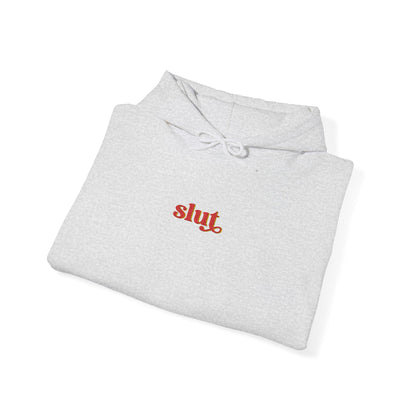 Light gray sweatshirt hoodie with embroidered “Sluit” logo, drawstring hood, soft cotton blend