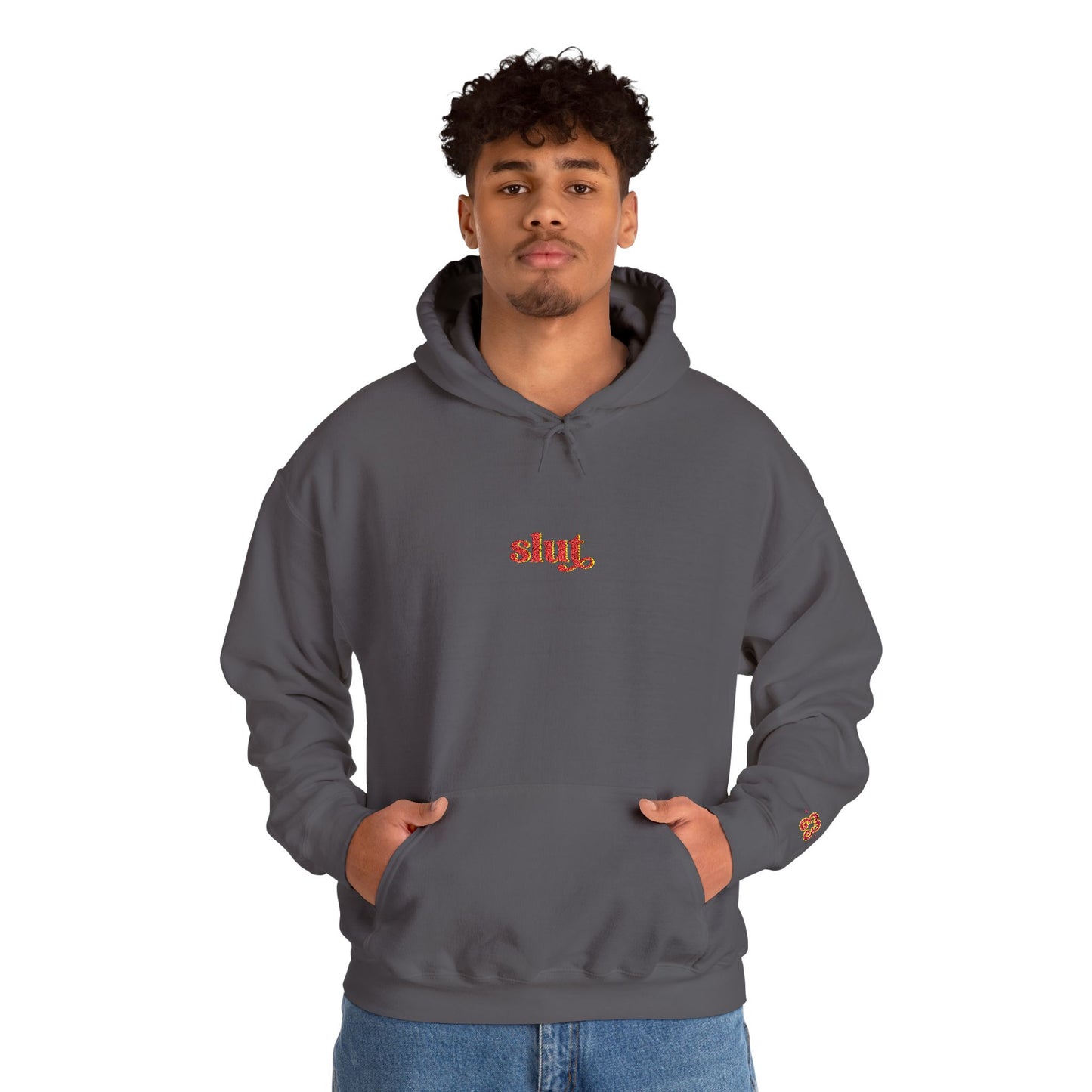 Charcoal gray hoodie with small chest “Slut” script logo and hood drawstrings