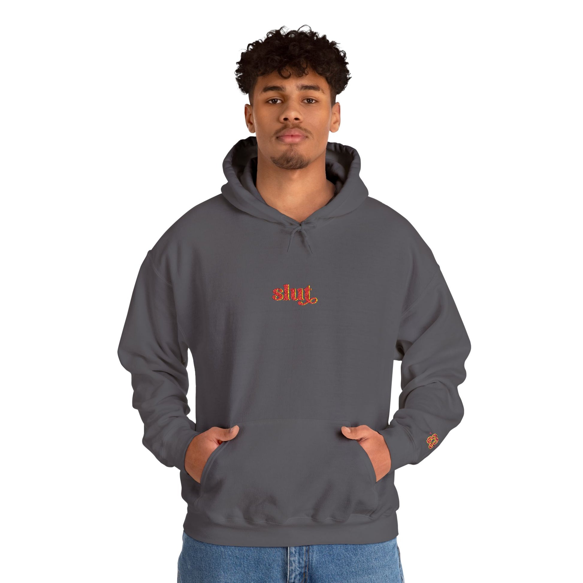 Charcoal gray hoodie with small chest “Slut” script logo and hood drawstrings