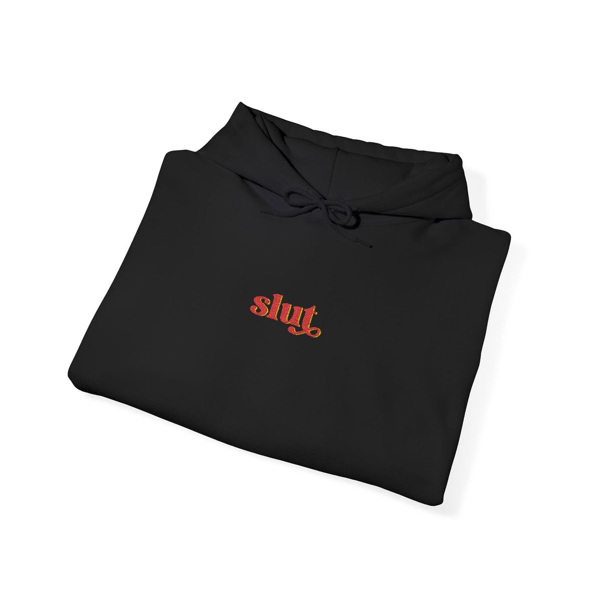 Black hoodie with front drawstring and embroidered logo, cotton-blend fabric