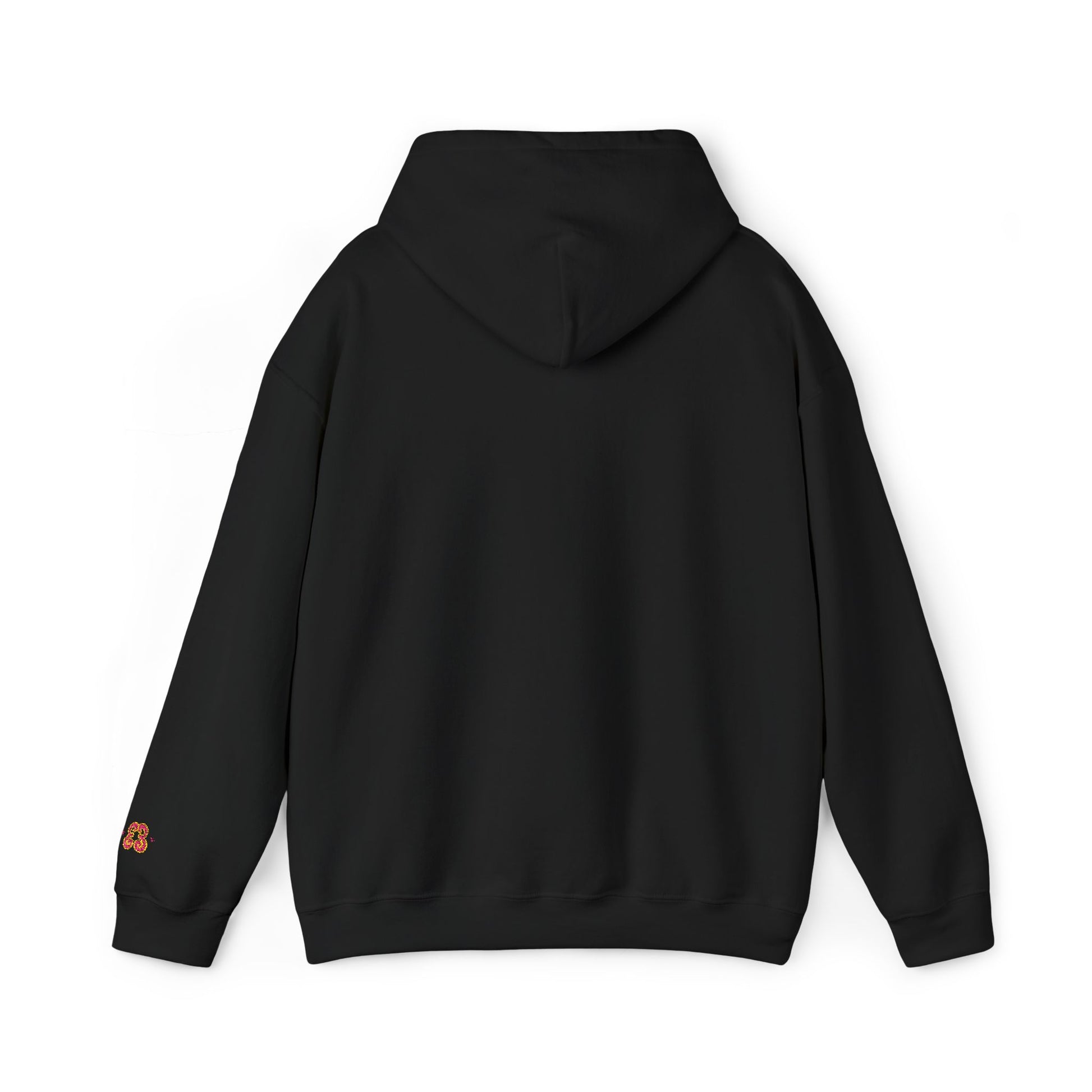Black hoodie sweatshirt with front kangaroo pocket and embroidered floral detail on sleeve