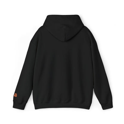 Black hoodie sweatshirt with front kangaroo pocket and embroidered floral detail on sleeve
