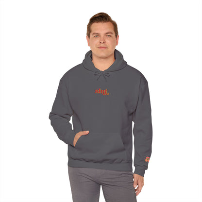 Charcoal gray hoodie with “Slut” chest logo and small left-sleeve butterfly graphic