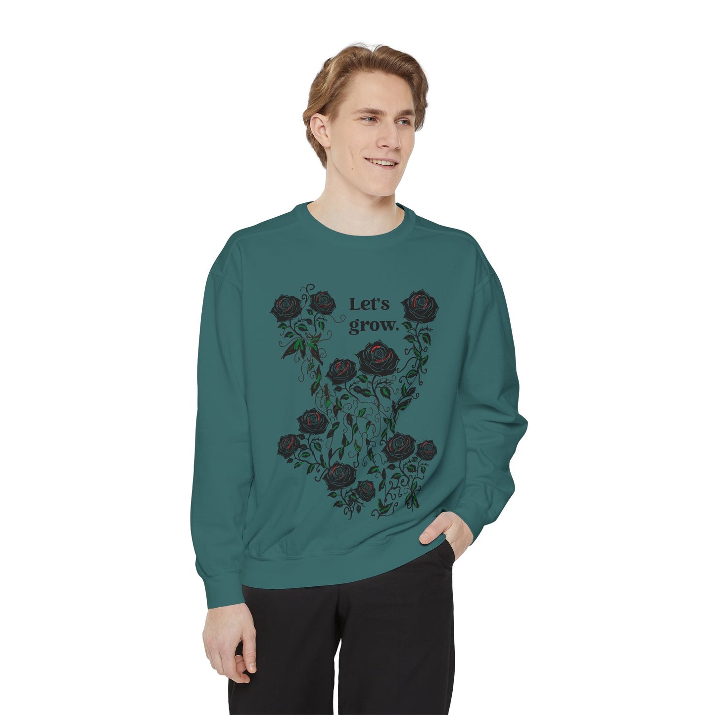 Teal sweatshirt with rose graphic and “Let’s grow” slogan, soft cotton-blend