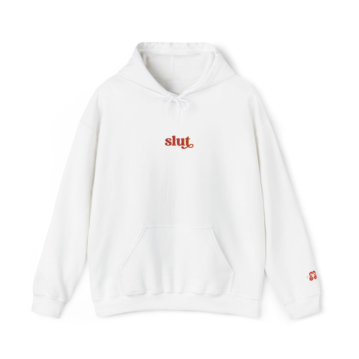 White hoodie sweatshirt with red “slut” logo, drawstring hood and soft cotton blend