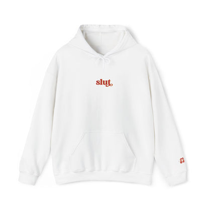 White hoodie sweatshirt with red “slut” logo, drawstring hood and soft cotton blend